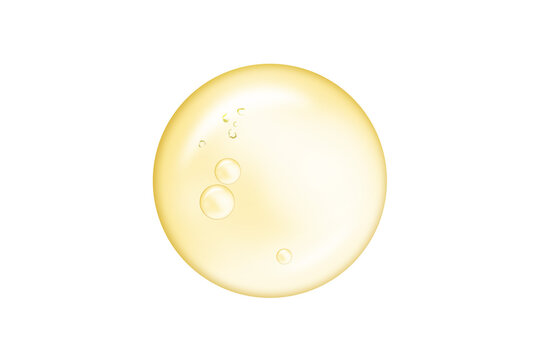 Yellow bubble oil drop or serum collagen drops isolated on white background. Beauty and spa, medical healthcare concept.
