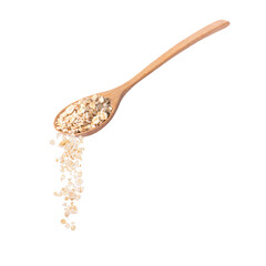 Oat flakes in wooden spoon falling isolated on white background.	