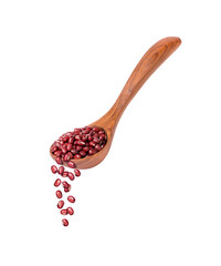 Red small Azuki beans (Adzuki or japanese red bean) in spoon isolated on white background.	