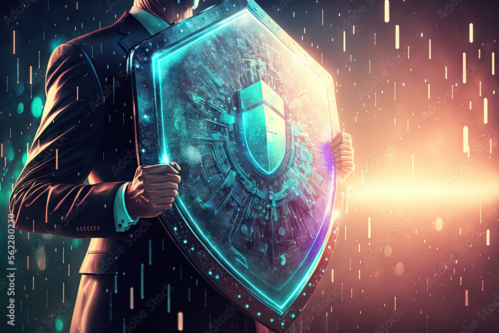 Poster concept of data protection, technology, and internet privacy. close up of a businessman clutching a 