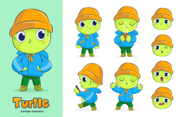 The turtle cartoon character is dressed in a jacket and wearing a hat