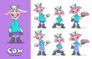 Cartoon cow character vector illustration wearing waiter or chef uniform creation set many poses