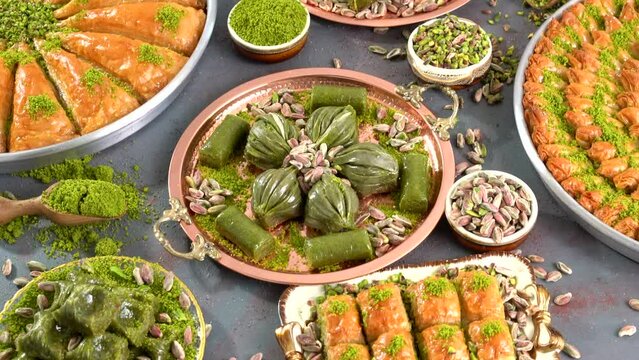 Traditional turkish baklava pistachio pastry. Dilberdudagi, ozel kesim baklava, cikolatali baklava, fistikli baklava, katmer, fistikli kadayif, kattafi, fistik sarma, soguk baklava, midye baklava, cev