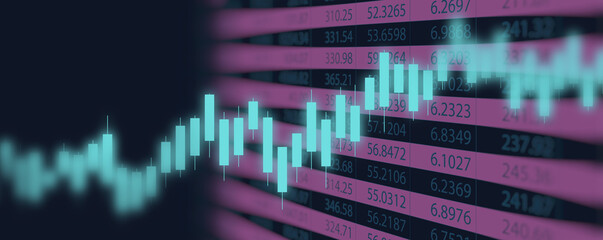 Financial chart with line graph and numbers in stock market on neon color Widescreen background