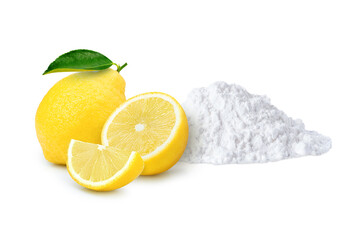 Lemon powder (citric acid powder) and fresh lemon fruit isolated on white background.