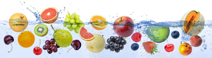 Multi fruits in water splash isolated on white background.