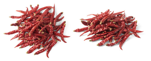 pile of dried red chili or cayenne peppers in different angles, set of hot spice isolated 