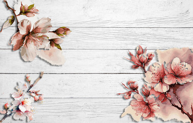 White wooden panel with beautiful patterns. wood plank texture background, hardwood floor. Cherry Blossom Flowers are on white flooring wood texture Background