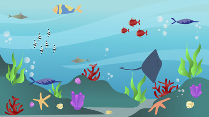 Naklejka na ściany i meble sea bottom vector illustration background. Vector undersea plants, simple aquarium with seafloor, Underwater sea life website header and banner. Undersea landscape with fishes