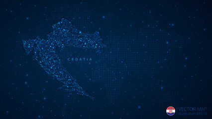 Fototapeta na wymiar Map of Croatia modern design with polygonal shapes on dark blue background. Business wireframe mesh spheres from flying debris. Blue structure style vector illustration concept