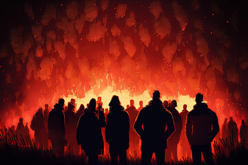 Fototapeta na wymiar On Guy Fawkes Night in the UK, a crowd stands by to watch fireworks burst in a smoky red sky in BILLERICAY, United Kingdom on November 2, 2019. Generative AI