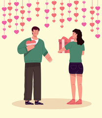 lovers couple with hearts hanging