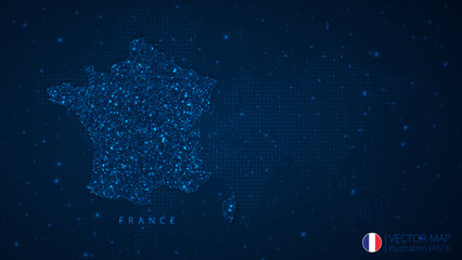 Map of France modern design with polygonal shapes on dark blue background. Business wireframe mesh spheres from flying debris. Blue structure style vector illustration concept