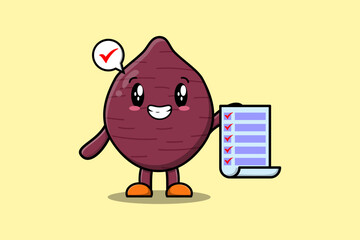Cute cartoon Sweet potato character holding checklist note in concept flat cartoon style
