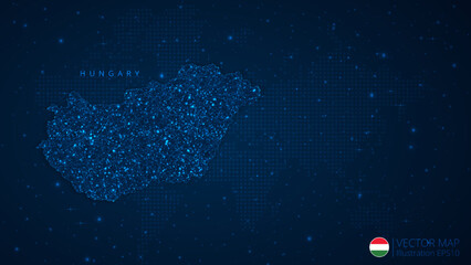 Fototapeta na wymiar Map of Hungary modern design with polygonal shapes on dark blue background. Business wireframe mesh spheres from flying debris. Blue structure style vector illustration concept