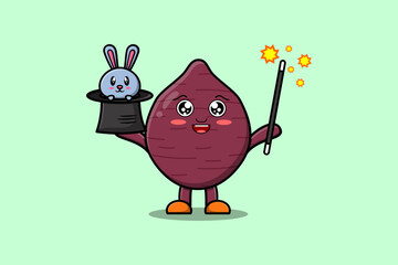 Cute cartoon Sweet potato magician character in flat cartoon style illustration