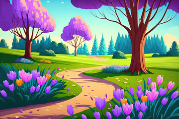 background of spring floral green. Sunny park in blooming spring. blue sky, emerald grass, purple crocuses, and pink sakura. springtime setting. Generative AI