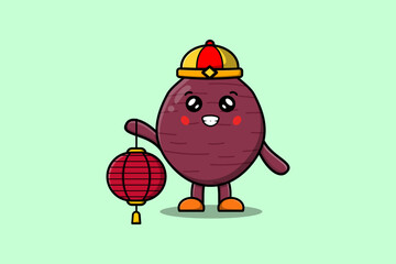 Cute cartoon Sweet potato chinese character holding lantern in vector icon illustration
