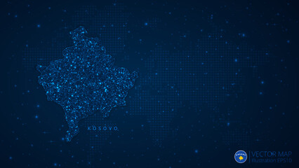 Fototapeta na wymiar Map of Kosovo modern design with polygonal shapes on dark blue background. Business wireframe mesh spheres from flying debris. Blue structure style vector illustration concept
