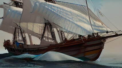 ultra realistic sailing ship, beautiful light, pale sunrise, cinematic lighting, viking and pirates generative ai