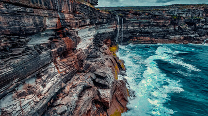 Drone Next to Textured Cliff Face with Curracurrong Falls in Close Distance in Royal National Park, Australia