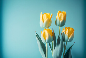 Beautiful yellow tulips close up on blue backdrop with copy space. Spring, floral and blossom background for greeting cards.