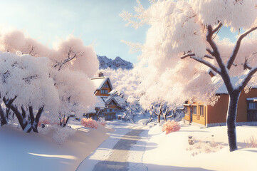 winter landscape with snow covered trees,landscape with houses,
pink and white hue