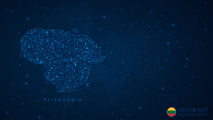 Fototapeta na wymiar Map of Lithuania modern design with polygonal shapes on dark blue background. Business wireframe mesh spheres from flying debris. Blue structure style vector illustration concept