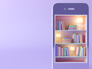 Stack of books with table lamp on shelfs in smartphone bookcase isolated on flat background. Online education, library, e-learning creative concept. 3d render illustration icon. Banner copy space. © dinastya