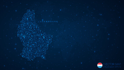 Fototapeta na wymiar Map of Luxembourg modern design with polygonal shapes on dark blue background. Business wireframe mesh spheres from flying debris. Blue structure style vector illustration concept