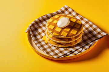 Food pop art photography. Female and sweet pancakes on plaid tablecloth isolated on bright yellow background. Vintage, retro 80s, 70s style. Complementary colors, Copy space for ad, text. Generative