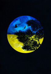 watercolor Full moon and silhouetted tree with birds in the night sky