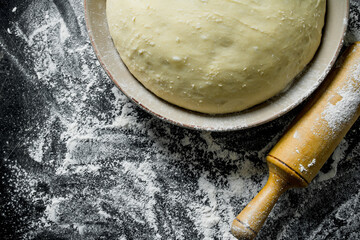 Flour background. The dough in a bowl with a rolling pin.