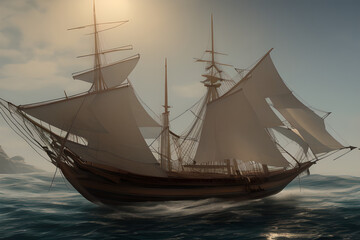 Fototapeta na wymiar ultra realistic sailing ship, beautiful light, pale sunrise, cinematic lighting, viking and pirates generative ai
