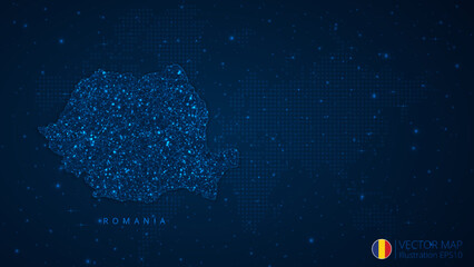 Fototapeta na wymiar Map of Romania modern design with polygonal shapes on dark blue background. Business wireframe mesh spheres from flying debris. Blue structure style vector illustration concept