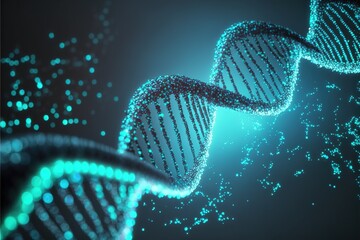 3D digital illustration of human dna under microscope on futuristic helix background created with generative ai