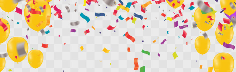 Balloons, confetti, banners and a sign for text Holiday background with Colorful balloons and confetti