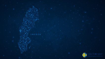 Map of Sweden modern design with polygonal shapes on dark blue background. Business wireframe mesh spheres from flying debris. Blue structure style vector illustration concept