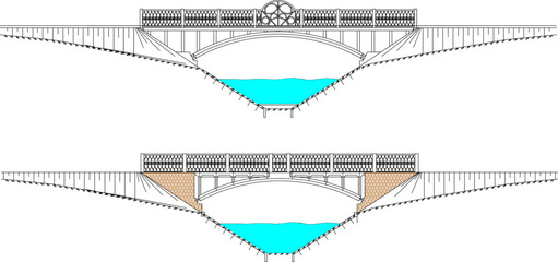 sketch vector illustration of an antique iron fenced ancient bridge