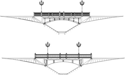 sketch vector illustration of an antique iron fenced ancient bridge