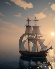 Fototapeta premium ultra realistic sailing ship, beautiful light, pale sunrise, cinematic lighting, viking and pirates generative ai