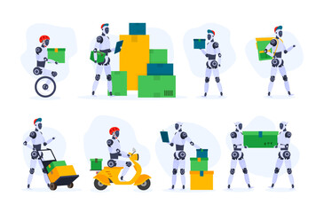 Delivery robot courier service artificial intelligence innovation technology set isometric vector