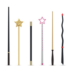 Magic wands fairy tale fantasy imagination miracle rod trick show performance set realistic vector