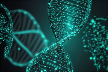 3D digital illustration of human dna under microscope on futuristic helix background created with generative ai