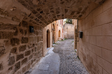 Streets and Residential Homes in the historic Old Town of Rhodes, Greece. Sunny Morning.