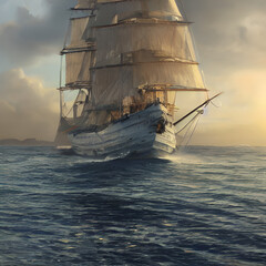 Fototapeta na wymiar ultra realistic sailing ship, beautiful light, pale sunrise, cinematic lighting, viking and pirates generative ai
