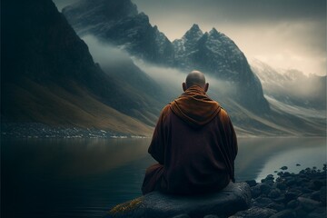 A tibetan buddhist monk from back sitting on the stone close to the water in the background of cloudy mountains - obrazy, fototapety, plakaty