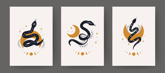 Set of posters with magic snakes and moons in boho style. Mystical symbols in a trendy minimalist style. Esoteric vector illustration.