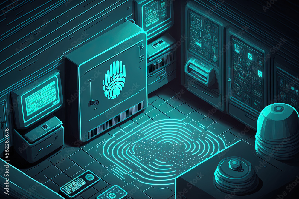 Poster overhead server room image has a fingerprint icon and media icon. conceptual depiction of global tec