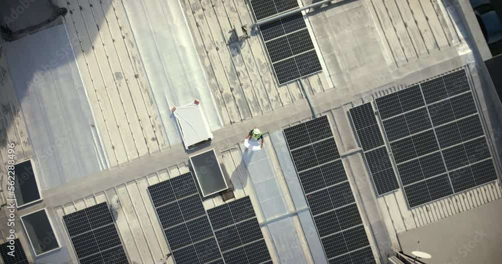 Canvas Prints Solar panels, aerial and building man with blueprint for rooftop, architecture or grid design. Drone, solar energy and construction worker, engineering or project management for future city planning